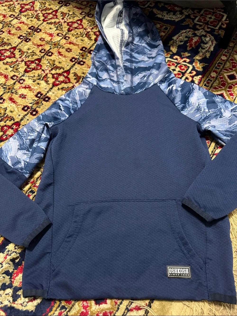 OshKosh B'gosh Navy Hoodie with Blue Patterned Sleeves